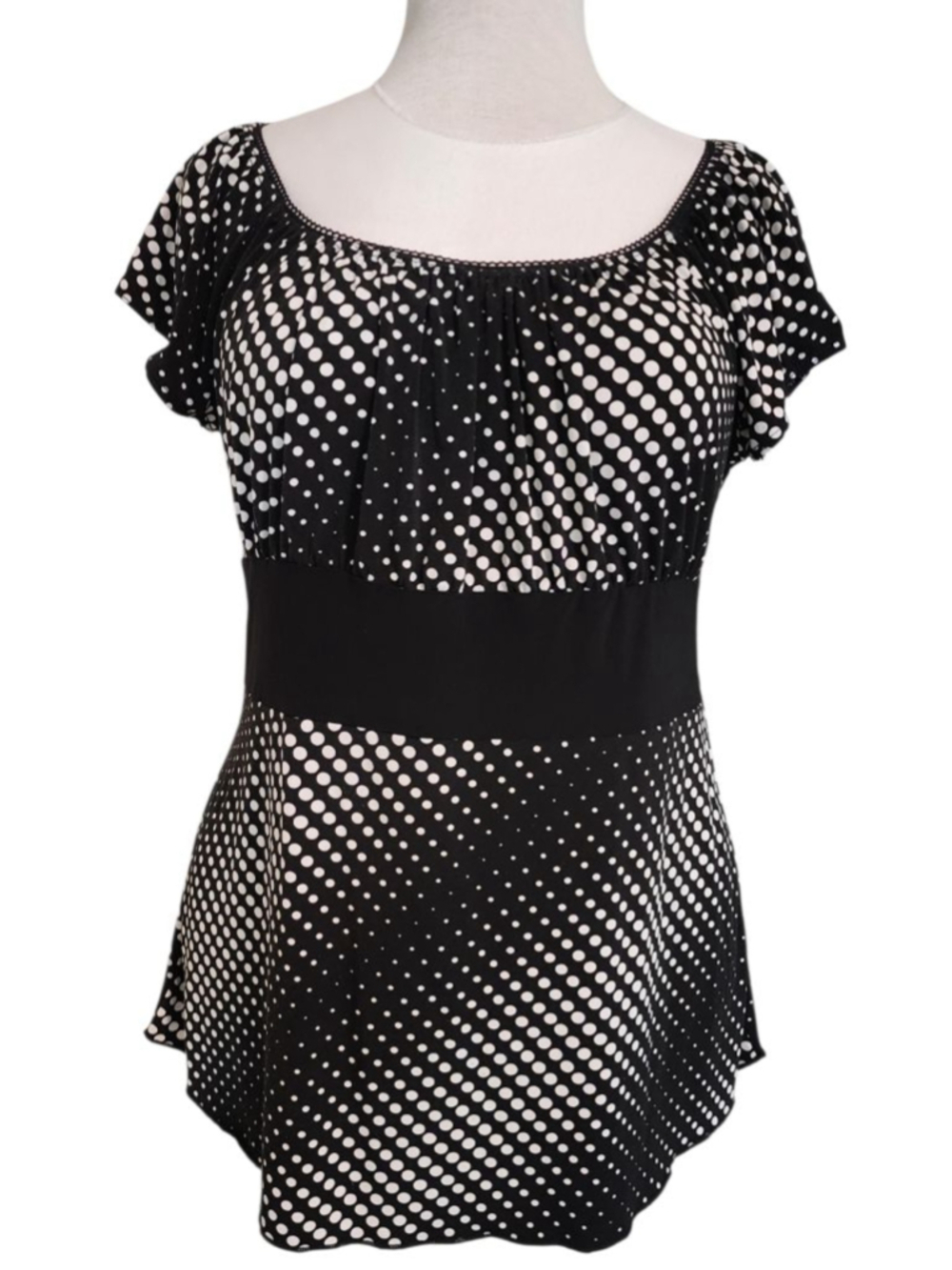Hot Tempered Black White Polka Dot Peplum Top Size 1X Flutter Sleeve Square Neck